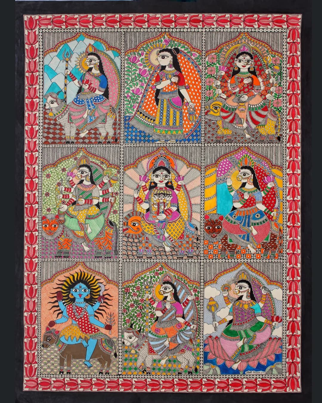 Nine-panel Navadurga Madhubani (Mithila) painting by Urwashi Nirala, depicting nine forms of the goddess in arched folk-art frames with their animal vahanas, bordered by a red lotus-vine pattern