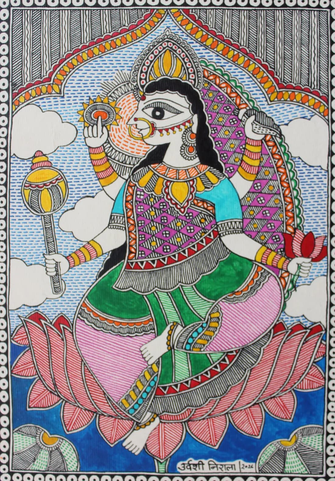 Madhubani painting of a goddess seated on a lotus among clouds, holding a mace, discus and lotus flowers — signed by artist Urwashi Nirala