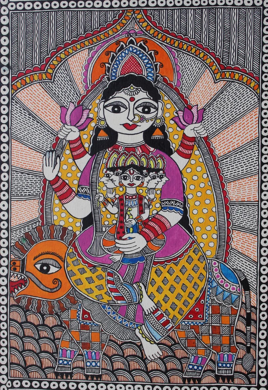 Madhubani painting of a multi-armed goddess holding lotus flowers and cradling a five-headed child figure, seated on a roaring lion