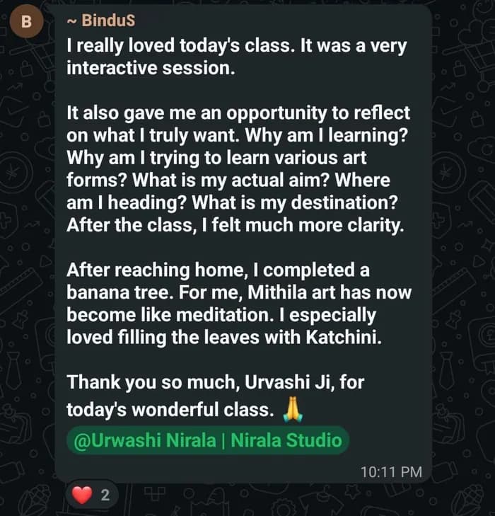 Feedback message from Bindu after a Mithila art workshop at Nirala Studio