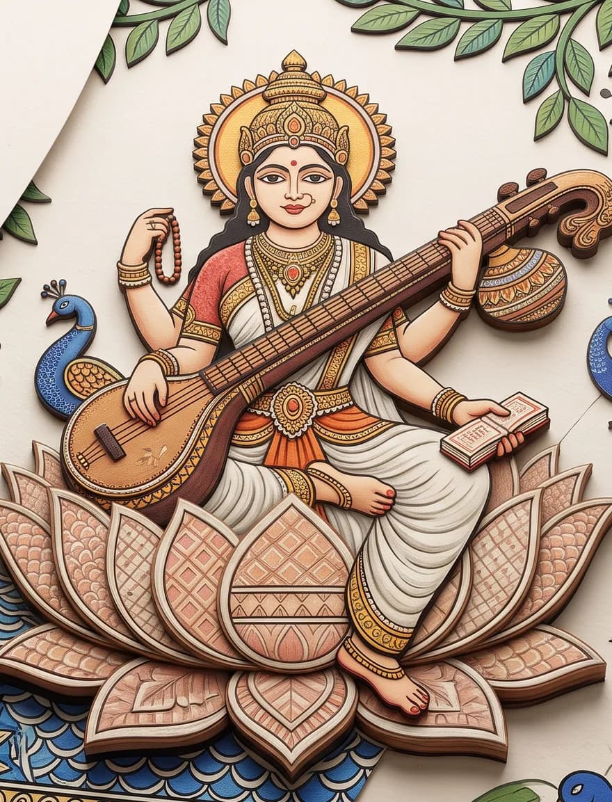 Finished Madhubani (Mithila) painting of goddess Saraswati playing the veena on a lotus, hand-painted by Urwashi Nirala