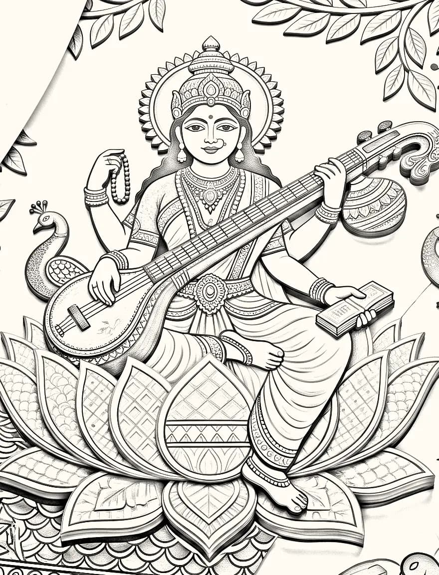 Pencil sketch stage of a Madhubani (Mithila) painting of goddess Saraswati playing the veena on a lotus, by Urwashi Nirala — before any color is applied