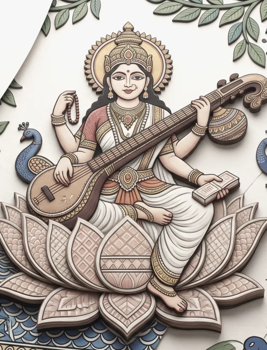 First color wash stage of the same Madhubani (Mithila) Saraswati painting by Urwashi Nirala, base tones laid over the pencil sketch